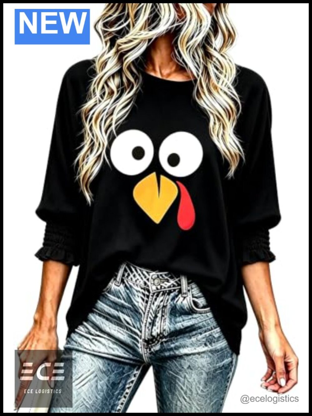 Thanksgiving Women's Smocked 3/4 Ruffle Sleeve Turkey Graphic T-Shirt Fall